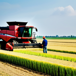 Modern Farming Scene**

A farmer in appropriate attire stands in a field of rice, using a tablet to monitor automated harvesting equipment in the background. The scene includes a combine harvester, an automatic seed sowing machine, and a sprayer. Focus on demonstrating the use of modern technology in agriculture. Include quality modifiers: "high resolution", "professional photography", "perfect anatomy", "correct proportions". Ensure safety: "safe for work", "appropriate content", "fully clothed", "family-friendly".

**
