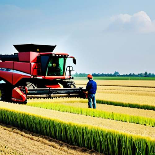 Modern Farming Scene**

A farmer in appropriate attire stands in a field of rice, using a tablet to monitor automated harvesting equipment in the background. The scene includes a combine harvester, an automatic seed sowing machine, and a sprayer. Focus on demonstrating the use of modern technology in agriculture. Include quality modifiers: "high resolution", "professional photography", "perfect anatomy", "correct proportions". Ensure safety: "safe for work", "appropriate content", "fully clothed", "family-friendly".

**