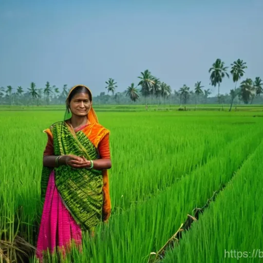 농업 기후 리스크 관리 - **Prompt:** A vibrant, sun-drenched scene in a rural Bangladeshi paddy field. A resilient Bangladesh...