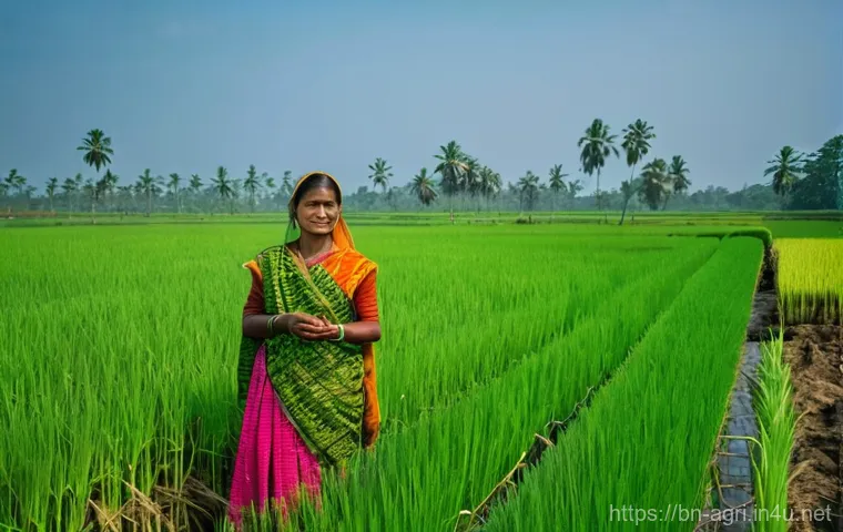 농업 기후 리스크 관리 - **Prompt:** A vibrant, sun-drenched scene in a rural Bangladeshi paddy field. A resilient Bangladesh...