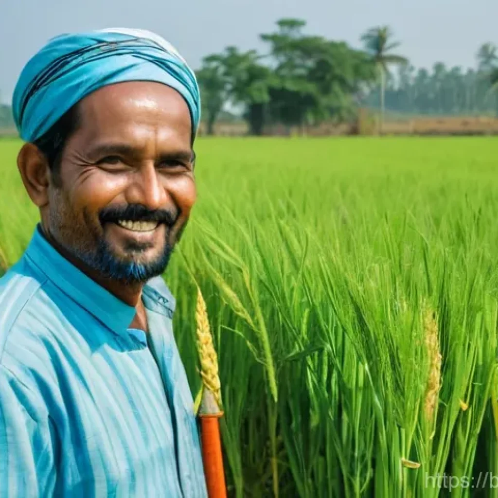 농업 관련 특허 정보 - **Prompt:** A dignified Bangladeshi farmer, a man in his late 40s, stands proudly in his expansive, ...