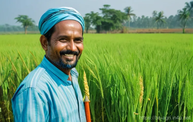 농업 관련 특허 정보 - **Prompt:** A dignified Bangladeshi farmer, a man in his late 40s, stands proudly in his expansive, ...