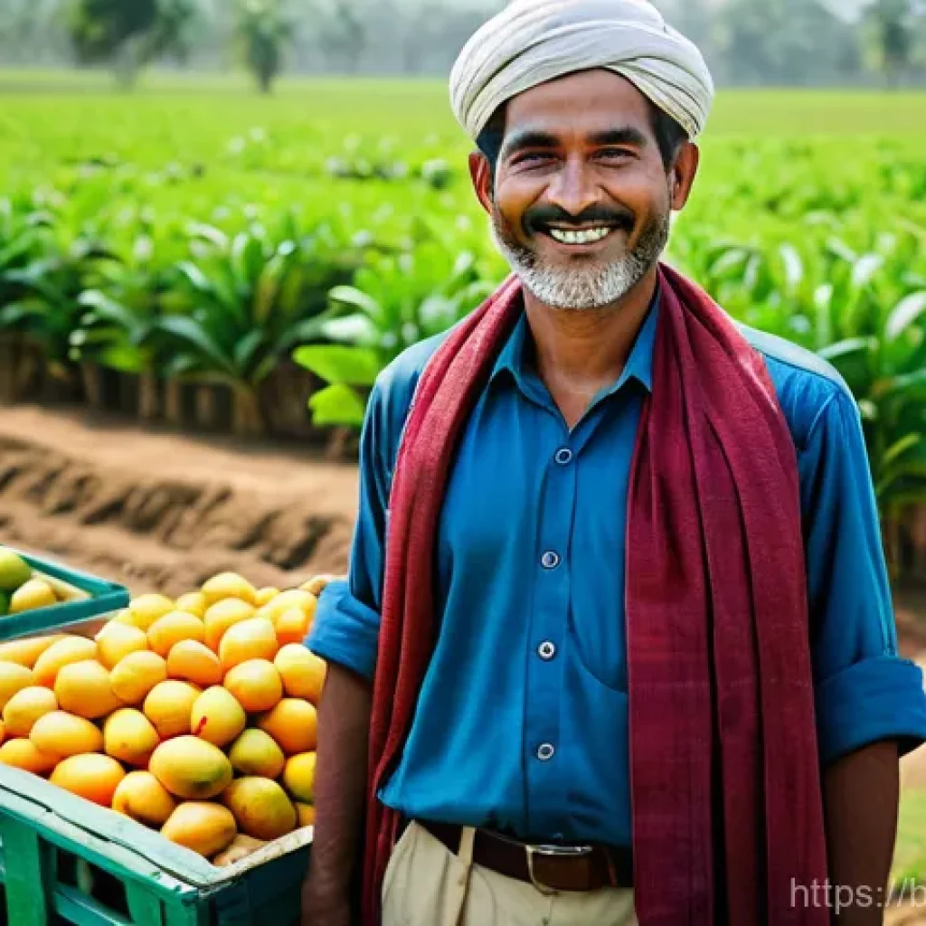 농산물 수출 전략 - **Prompt:** A proud Bangladeshi farmer, with a warm smile, stands amidst a vibrant, sun-drenched fie...