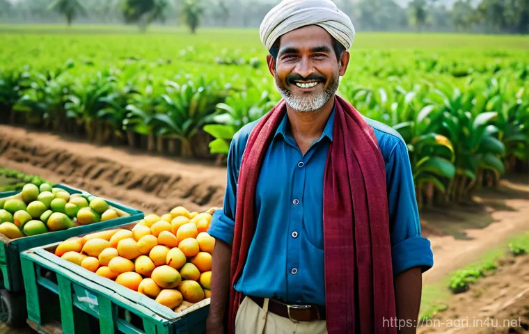 농산물 수출 전략 - **Prompt:** A proud Bangladeshi farmer, with a warm smile, stands amidst a vibrant, sun-drenched fie...