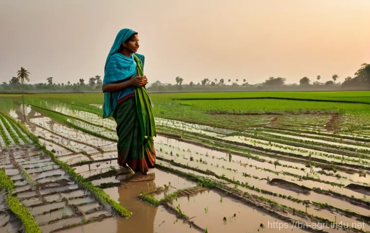 농업 수질 관리 - **Prompt:** A vivid depiction of a Bangladeshi agricultural landscape severely impacted by climate c...