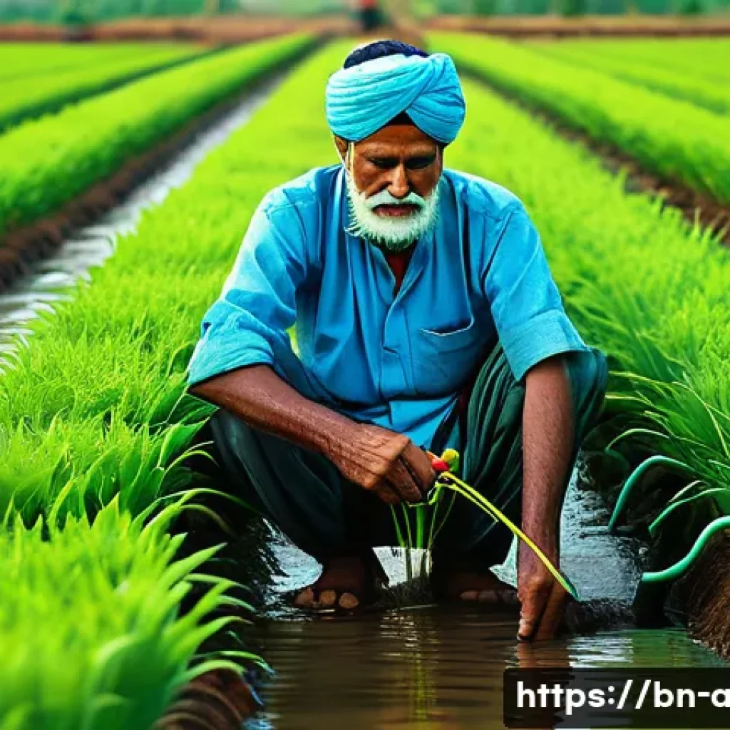 농업 에너지 절약 기술 - A detailed agricultural scene in a Bengali village showcasing a modern drip irrigation system in use...
