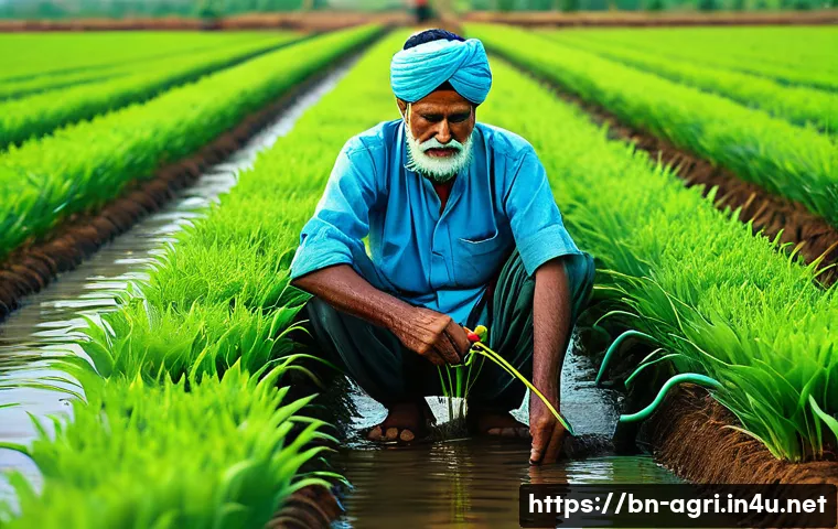 농업 에너지 절약 기술 - A detailed agricultural scene in a Bengali village showcasing a modern drip irrigation system in use...