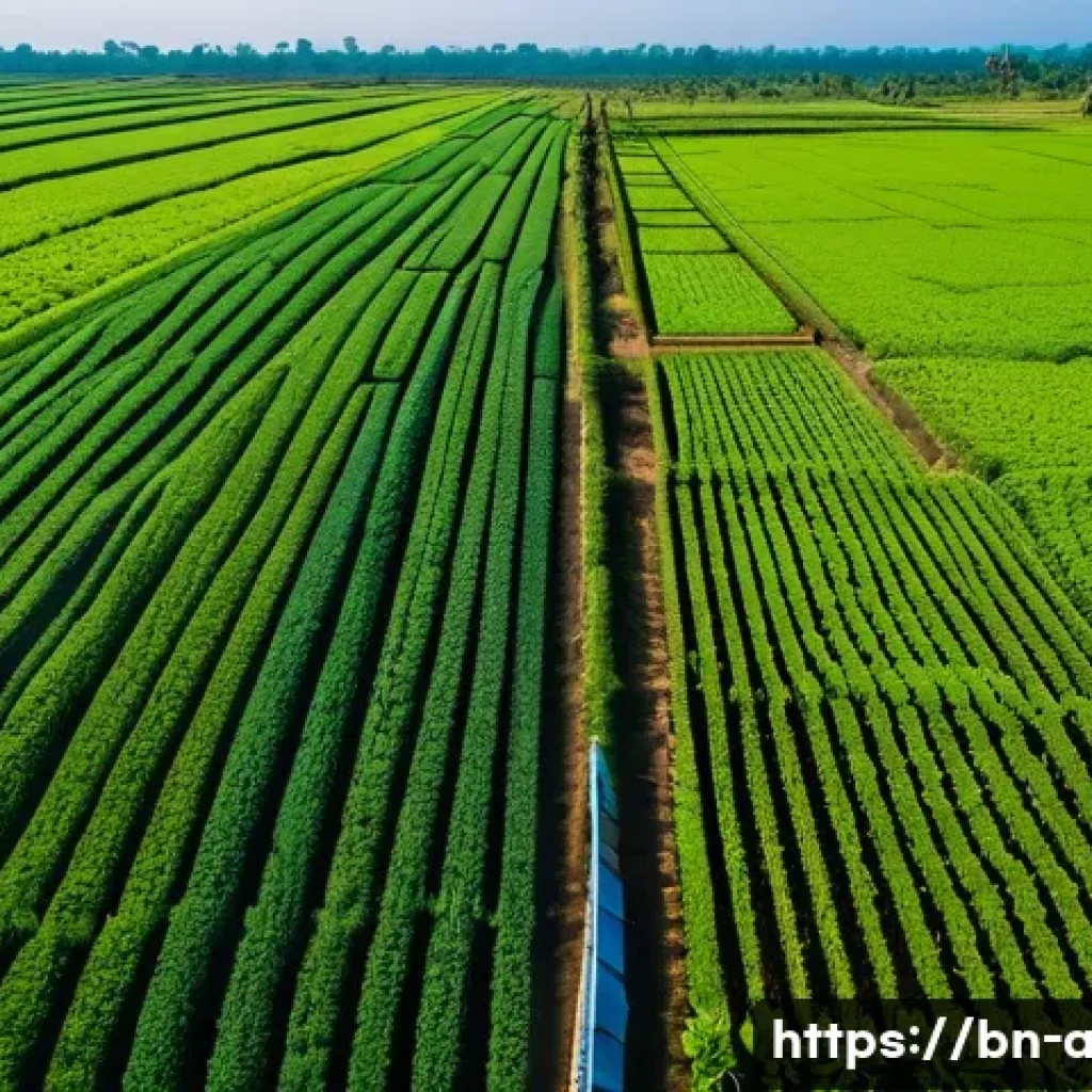 농업 혁신 스타트업 사례 - A vibrant aerial view of a lush green agricultural field in Bangladesh monitored by a modern drone e...