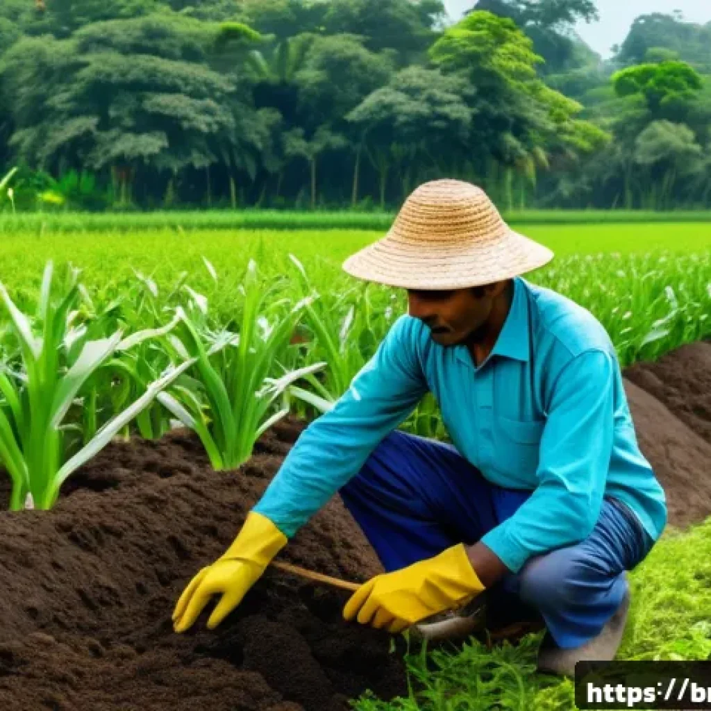 친환경 농업 방법 - A detailed and vibrant rural farm scene in Bengal, showcasing a farmer applying organic compost fert...