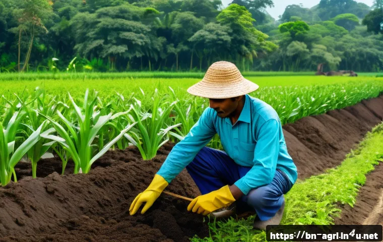 친환경 농업 방법 - A detailed and vibrant rural farm scene in Bengal, showcasing a farmer applying organic compost fert...