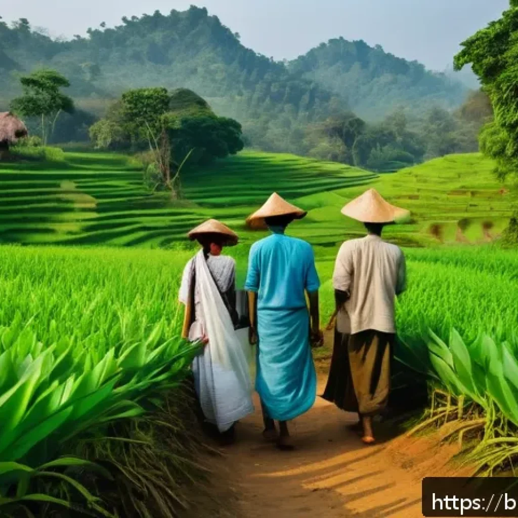 농업 생태 관광 - A serene agricultural eco-tourism scene in rural Bengal during early morning light, featuring lush g...
