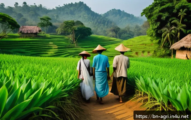 농업 생태 관광 - A serene agricultural eco-tourism scene in rural Bengal during early morning light, featuring lush g...