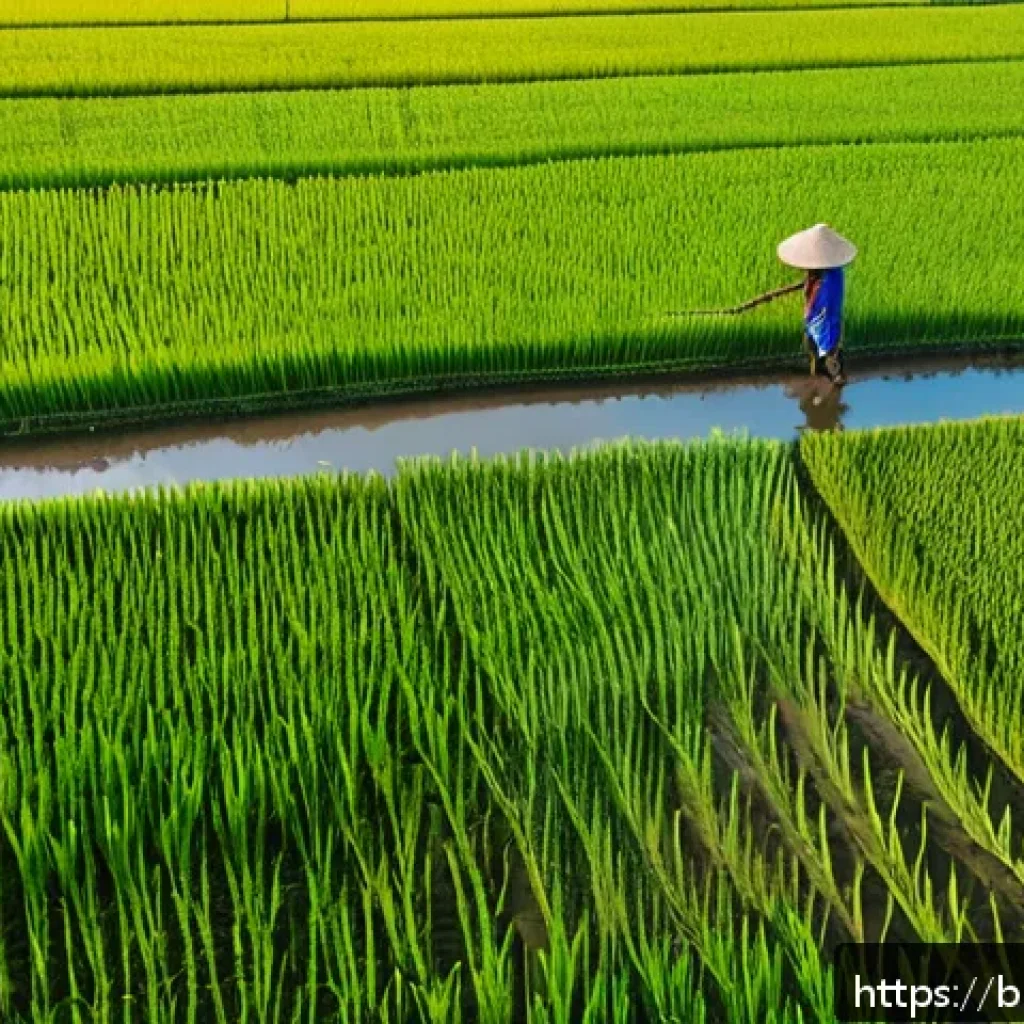농업 AI 기반 영농일지 관리 - A vibrant aerial view of a lush green paddy field in Bangladesh, captured by a drone at golden hour,...