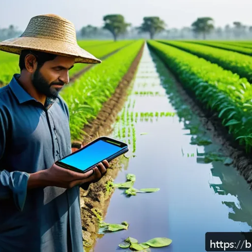 농업 스마트 워터링 시스템 - A vibrant agricultural field in Bangladesh featuring a modern drip irrigation system with thin pipes...