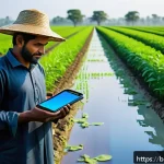 농업 스마트 워터링 시스템 - A vibrant agricultural field in Bangladesh featuring a modern drip irrigation system with thin pipes...