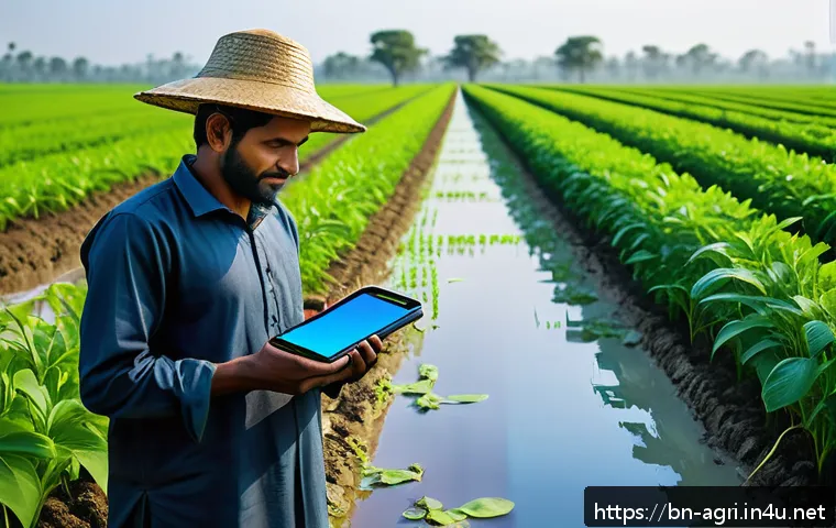 농업 스마트 워터링 시스템 - A vibrant agricultural field in Bangladesh featuring a modern drip irrigation system with thin pipes...