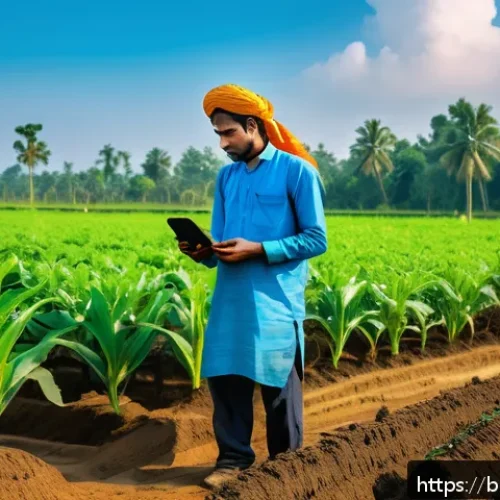 농업 스마트 팜 플랫폼 분석 - A detailed, vibrant smart farming field scene in rural Bangladesh featuring a farmer wearing traditi...