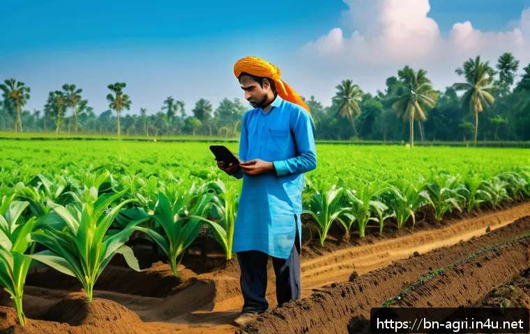농업 스마트 팜 플랫폼 분석 - A detailed, vibrant smart farming field scene in rural Bangladesh featuring a farmer wearing traditi...