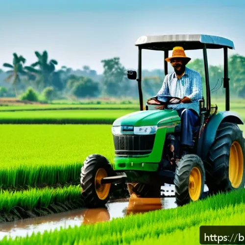 농업 기계학 - A vibrant rural farm scene in Bangladesh showcasing a farmer operating a compact electric tractor in...