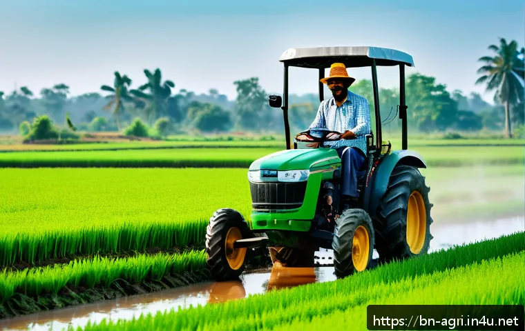 농업 기계학 - A vibrant rural farm scene in Bangladesh showcasing a farmer operating a compact electric tractor in...