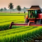 농업 수확 자동화 연구 - A detailed scene of a rotary harvester operating in a lush Bangladeshi wheat field during golden hou...