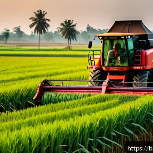 농업 수확 자동화 연구 - A detailed scene of a rotary harvester operating in a lush Bangladeshi wheat field during golden hou...