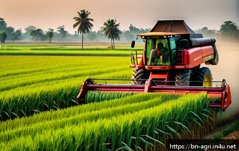 농업 수확 자동화 연구 - A detailed scene of a rotary harvester operating in a lush Bangladeshi wheat field during golden hou...