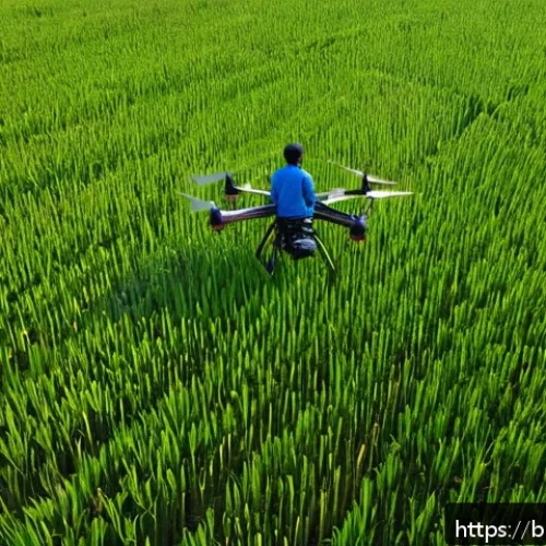 농업용 자율주행 기술 - A high-resolution image of a modern agricultural drone flying low over a vast green paddy field in B...