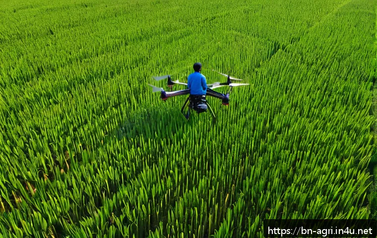 농업용 자율주행 기술 - A high-resolution image of a modern agricultural drone flying low over a vast green paddy field in B...